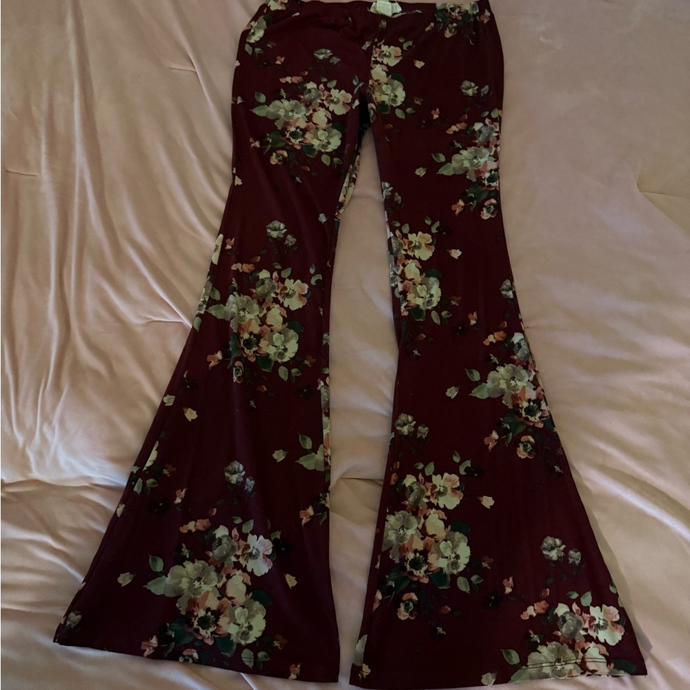 Red and Green Floral Wide Leg Jeans